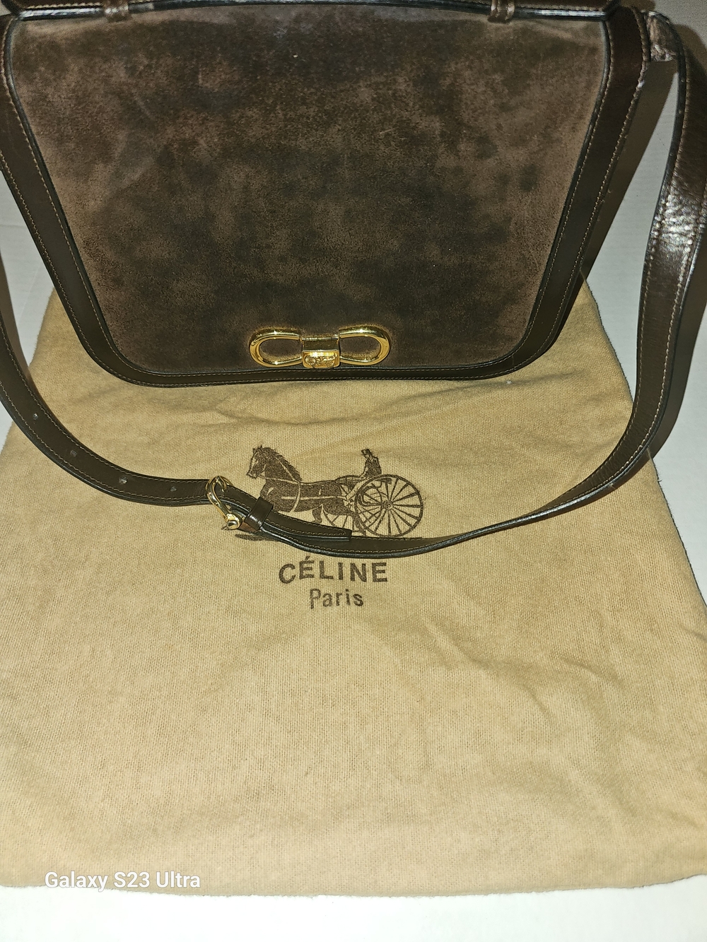 Vintage CÉLINE Caleche Double C Flap Shoulder Bag Brown Leather READ